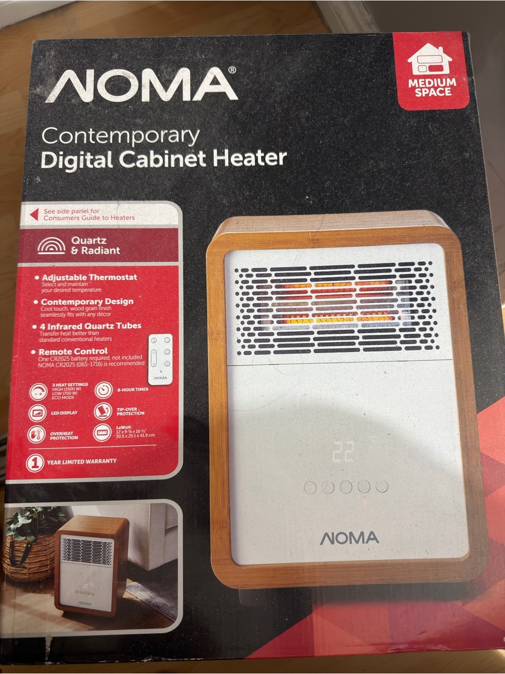NOMA Contemporary Digital Cabinet Heater - White with Wood Trim